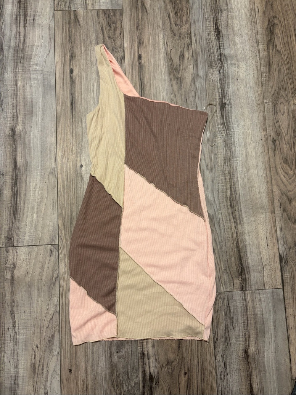 Asymmetrical Colorblock One-Shoulder Dress in Pink, Brown & Tan